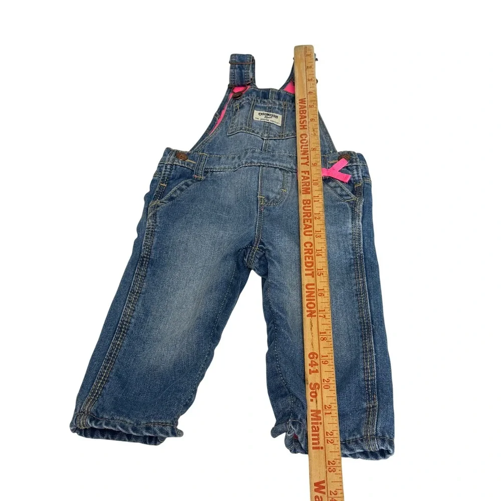 OshKosh Bgosh Baby Girls 9M Fleece Lined Blue Denim Overalls Pink Bow Detail